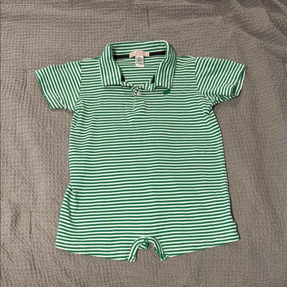 The Beaufort Bonnet Company Green and White Striped Polo Romper